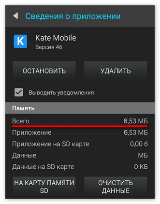 Занимаемая приложением память